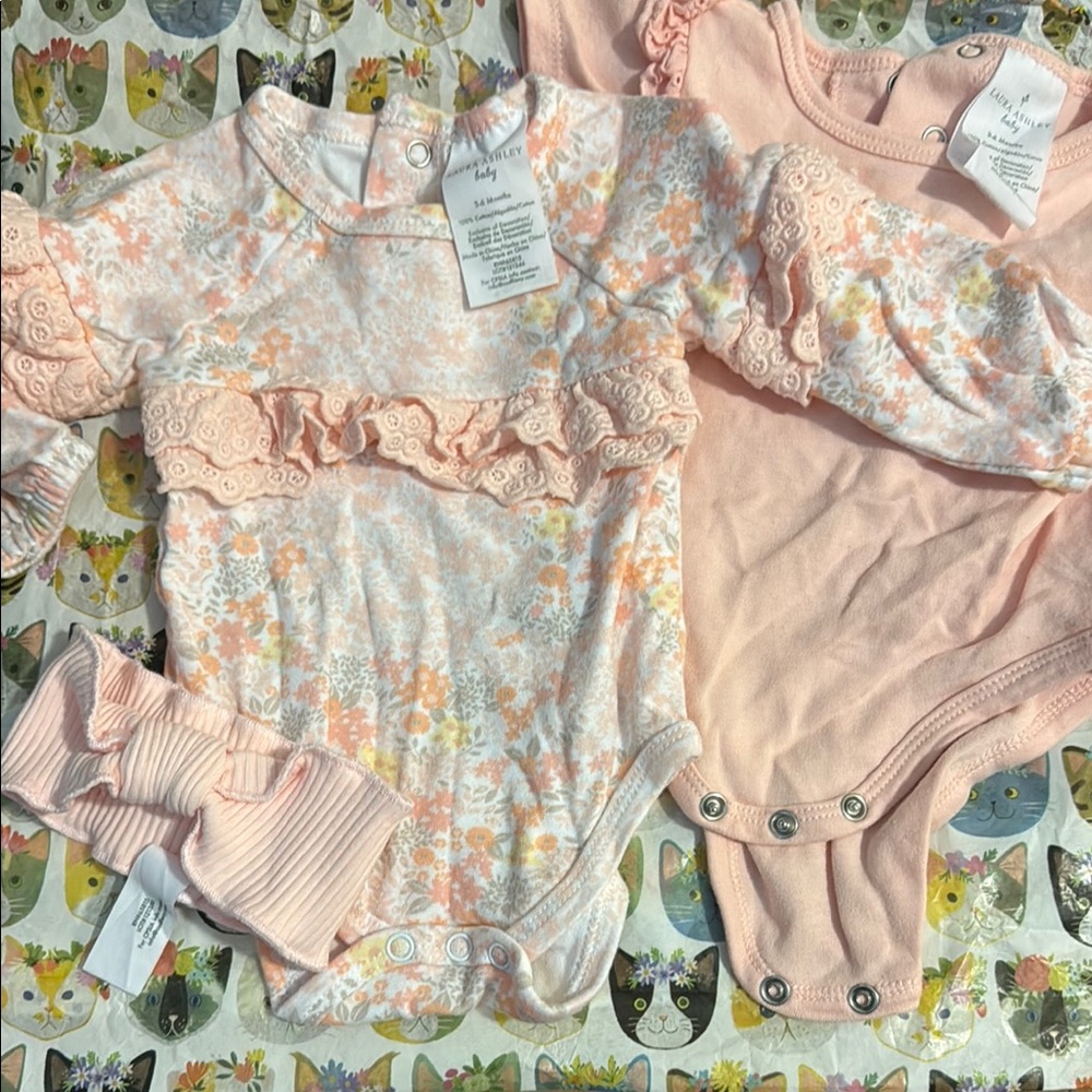 Laura Ashley Infant Onesies Set of two with Headband: Pink & White Ruffles
